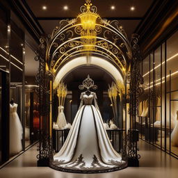 Storefront for 'Elegant Vows', a wedding dress shop, 11 meters wide, 1.9 meters tall, with ornate forged iron decorations. Predominant colors white, black, gold, illuminated by vivid yellow lighting, featuring a stylish wedding dress design on the sign.