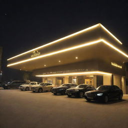 A sophisticated car showroom named 'Subhan Baba', exhibiting a range of luxurious, sleek vehicles under bright lights, with the golden name of the showroom prominently displayed