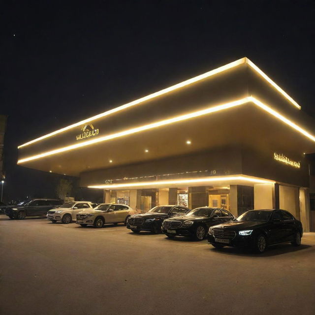 A sophisticated car showroom named 'Subhan Baba', exhibiting a range of luxurious, sleek vehicles under bright lights, with the golden name of the showroom prominently displayed