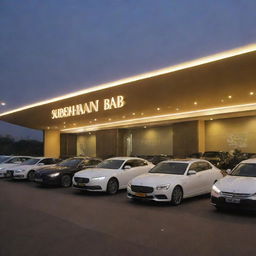 A sophisticated car showroom named 'Subhan Baba', exhibiting a range of luxurious, sleek vehicles under bright lights, with the golden name of the showroom prominently displayed