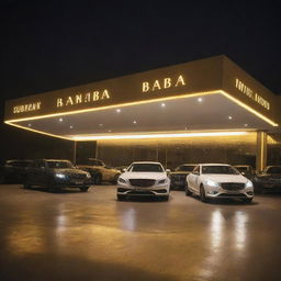 A sophisticated car showroom named 'Subhan Baba', exhibiting a range of luxurious, sleek vehicles under bright lights, with the golden name of the showroom prominently displayed