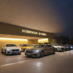 A sophisticated car showroom named 'Subhan Baba', exhibiting a range of luxurious, sleek vehicles under bright lights, with the golden name of the showroom prominently displayed