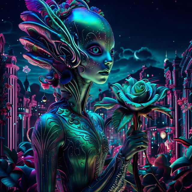 Hyper-realistic 3D photography of an intelligent alien in rococo cyberpunk style, holding a vibrant flower against a fantastical cityscape backdrop.