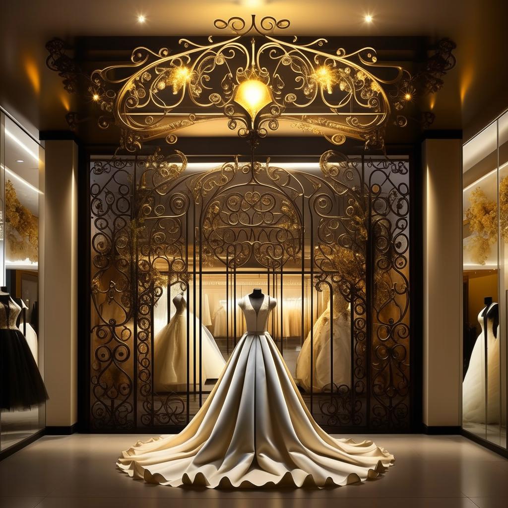 Revise storefront name for a wedding dress shop, dimensions 11 meters wide by 1.9 meters long, adorned with elegant forged iron, color scheme of white, black, and gold, under bright yellow lighting, with a sophisticated wedding dress depicted on the sign.