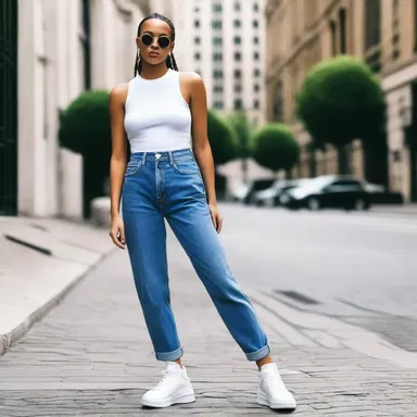 The latest trend in streetwear is pairing a tank top with high-waisted jeans and chunky sneakers.