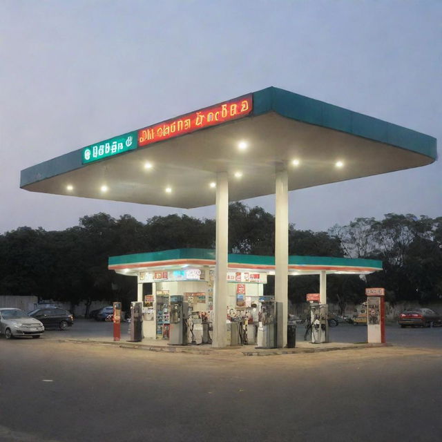 A petrol station with a sign that says 'Subhan Baba' prominently displayed up front. The station is clean with modern fuel dispensers, LED lights illuminating the area, and a small convenience store adjacent.