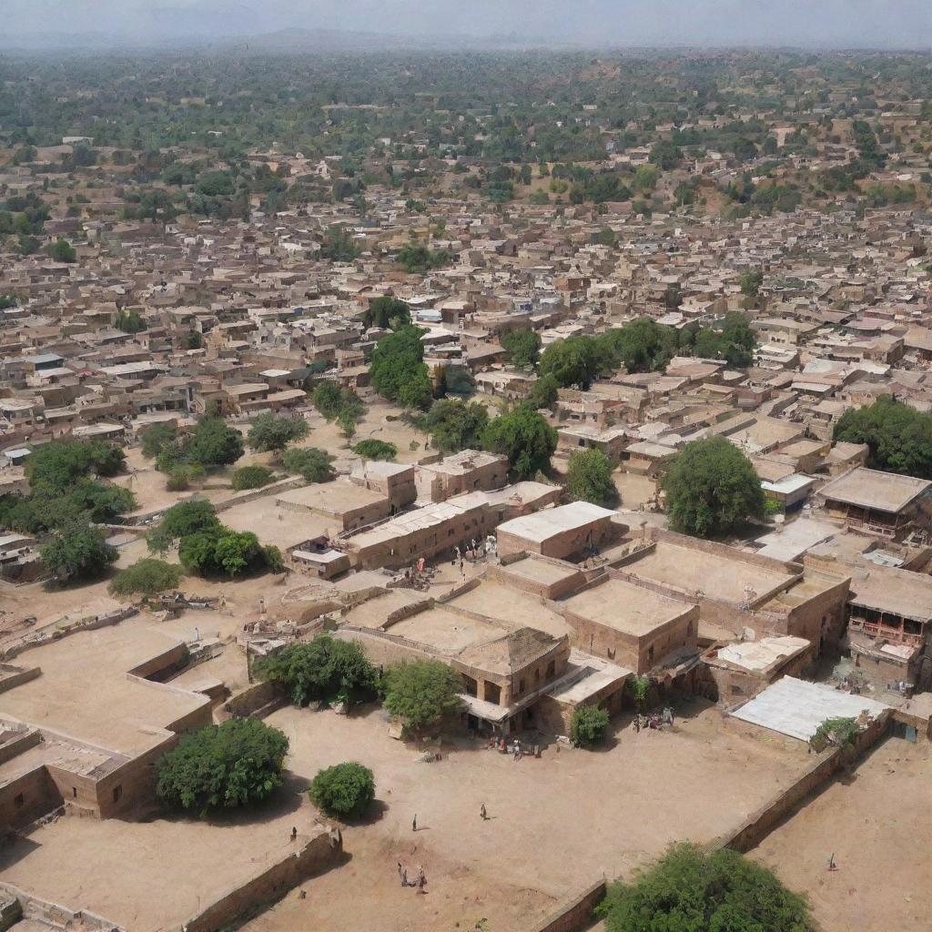 A panoramic view of the city of Gujar Khan, Pakistan, showcasing its distinctive architecture, busy streets, lush green parks, and bustling bazaars during the daytime.