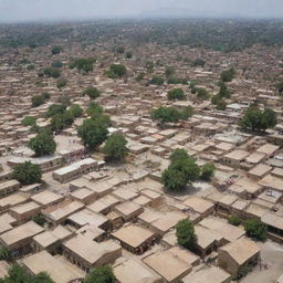 A panoramic view of the city of Gujar Khan, Pakistan, showcasing its distinctive architecture, busy streets, lush green parks, and bustling bazaars during the daytime.