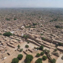 A panoramic view of the city of Gujar Khan, Pakistan, showcasing its distinctive architecture, busy streets, lush green parks, and bustling bazaars during the daytime.