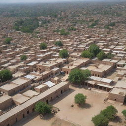 A panoramic view of the city of Gujar Khan, Pakistan, showcasing its distinctive architecture, busy streets, lush green parks, and bustling bazaars during the daytime.