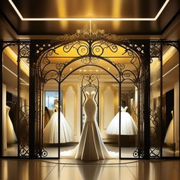 Revise storefront name for a wedding dress shop, dimensions 11 meters wide by 1.9 meters long, adorned with elegant forged iron, color scheme of white, black, and gold, under bright yellow lighting, with a sophisticated wedding dress depicted on the sign.