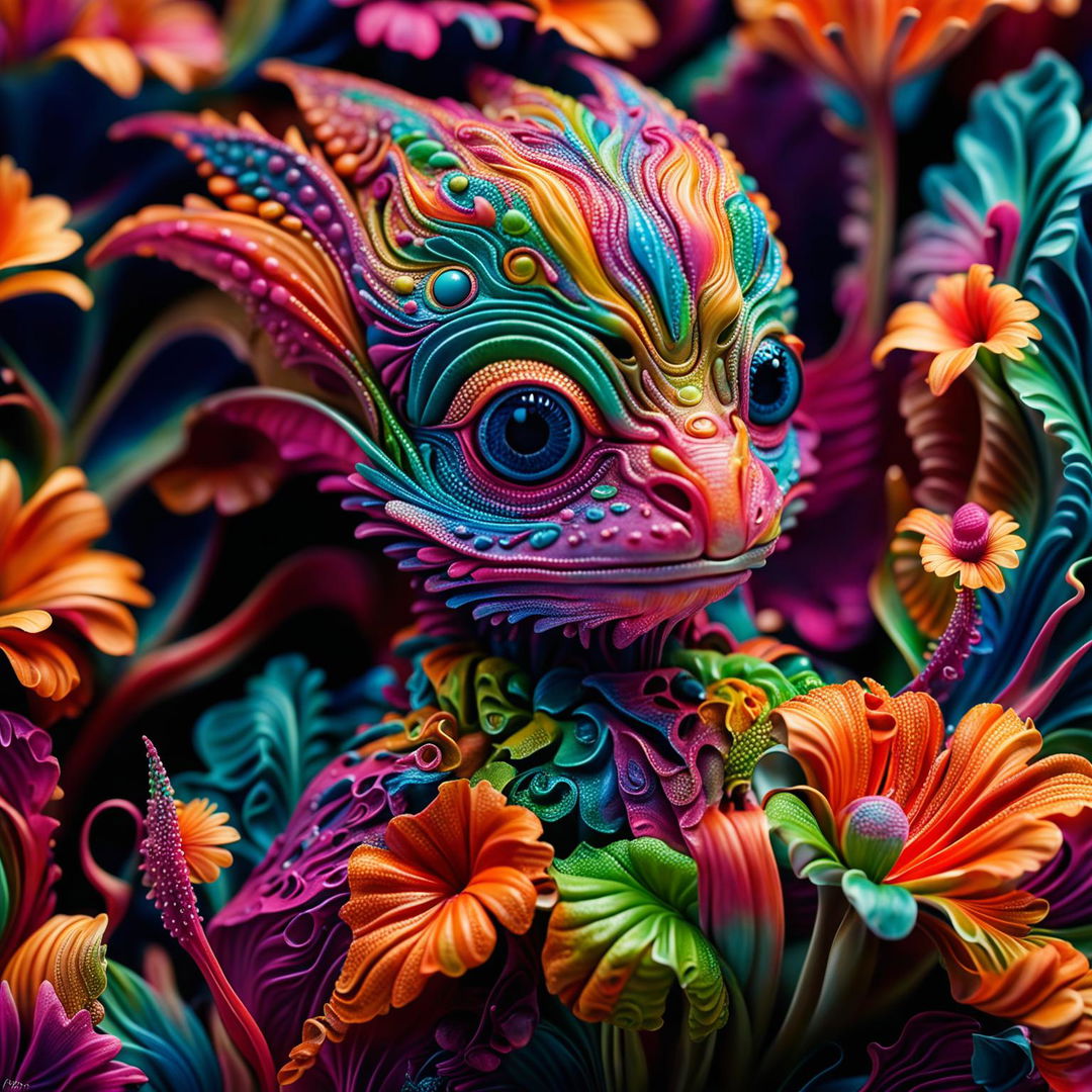 Hyper-realistic 3D Rococo-inspired alien amidst vibrant, fantastical flowers in a close-up, high-definition photograph.