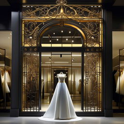 Revise storefront name for a wedding dress shop, dimensions 11 meters wide by 1.9 meters long, adorned with elegant forged iron, color scheme of white, black, and gold, under bright yellow lighting, with a sophisticated wedding dress depicted on the sign.