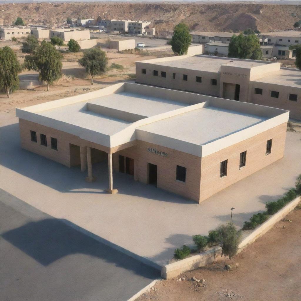 A detailed representation of the GUJAR KHAN police station in Pakistan, showing its architectural design and surroundings during daylight.