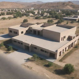 A detailed representation of the GUJAR KHAN police station in Pakistan, showing its architectural design and surroundings during daylight.