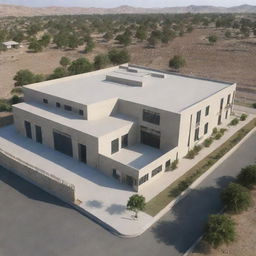 A detailed representation of the GUJAR KHAN police station in Pakistan, showing its architectural design and surroundings during daylight.