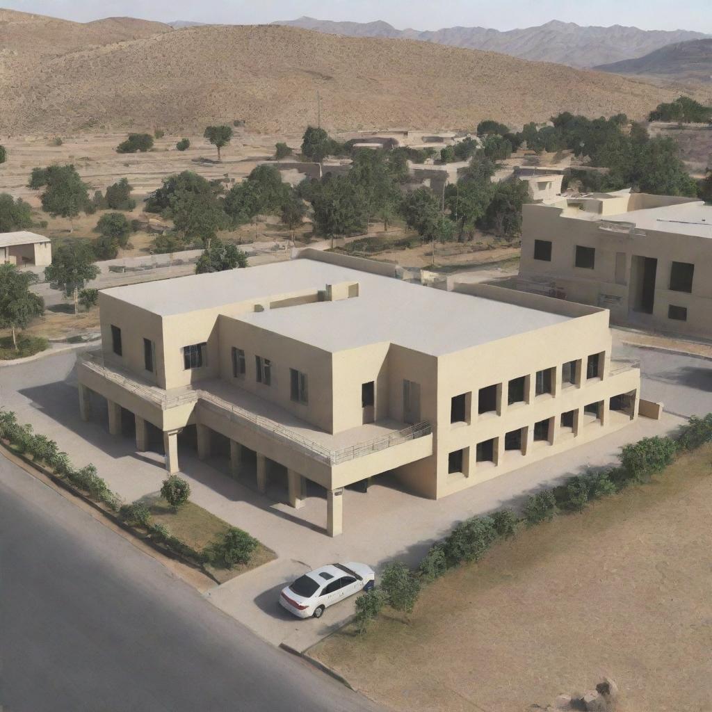 A detailed representation of the GUJAR KHAN police station in Pakistan, showing its architectural design and surroundings during daylight.