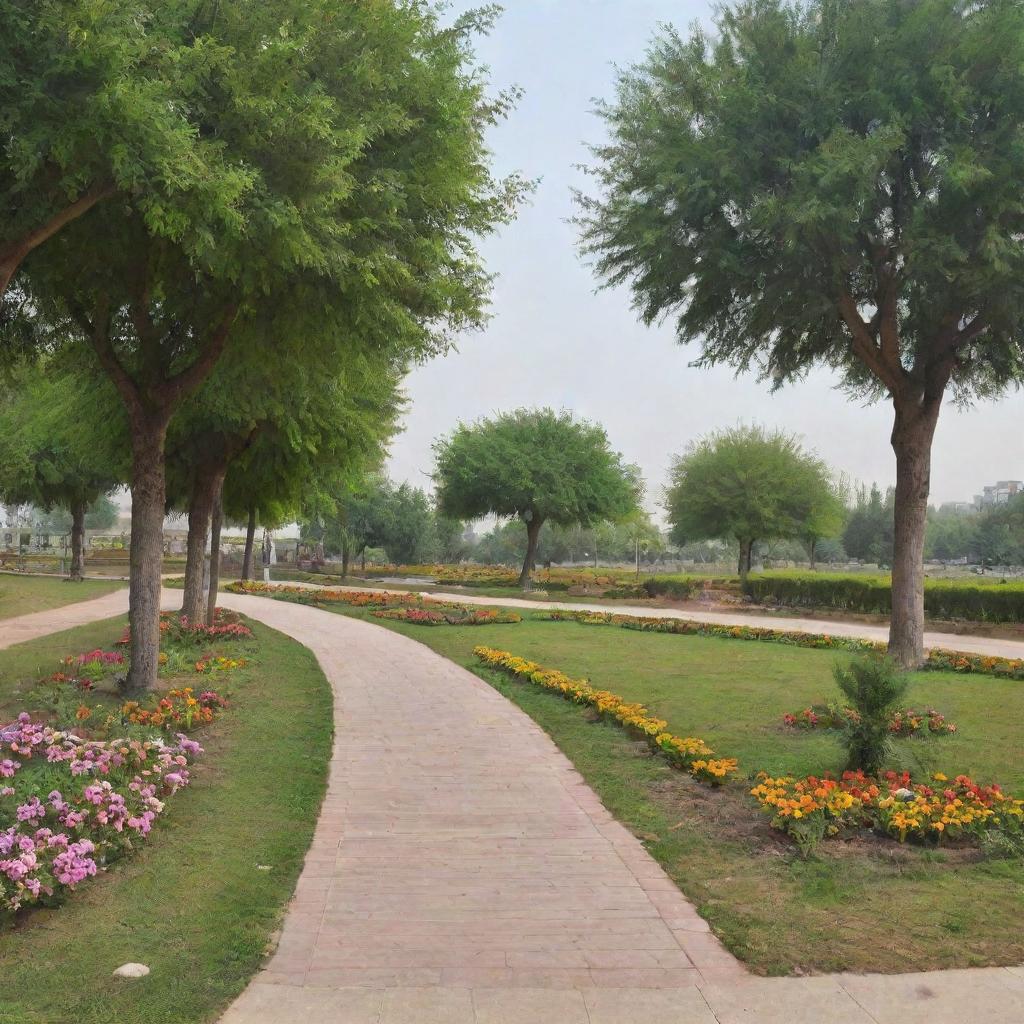 Generate an image of an idyllic park located in Gujar Khan, complete with lush greenery, beautiful flower beds, park benches, walking paths, and a picturesque skyline.