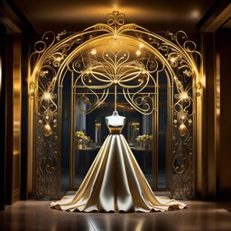 Revise storefront name for a wedding dress shop, dimensions 11 meters wide by 1.9 meters long, adorned with elegant forged iron, color scheme of white, black, and gold, under bright yellow lighting, with a sophisticated wedding dress depicted on the sign.