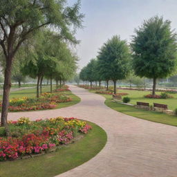 Generate an image of an idyllic park located in Gujar Khan, complete with lush greenery, beautiful flower beds, park benches, walking paths, and a picturesque skyline.