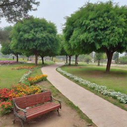 Generate an image of an idyllic park located in Gujar Khan, complete with lush greenery, beautiful flower beds, park benches, walking paths, and a picturesque skyline.