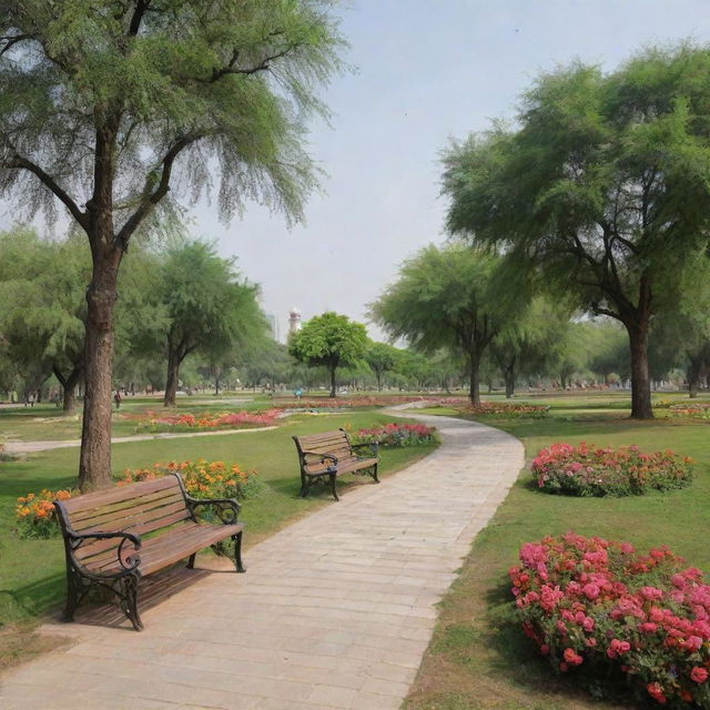 Generate an image of an idyllic park located in Gujar Khan, complete with lush greenery, beautiful flower beds, park benches, walking paths, and a picturesque skyline.