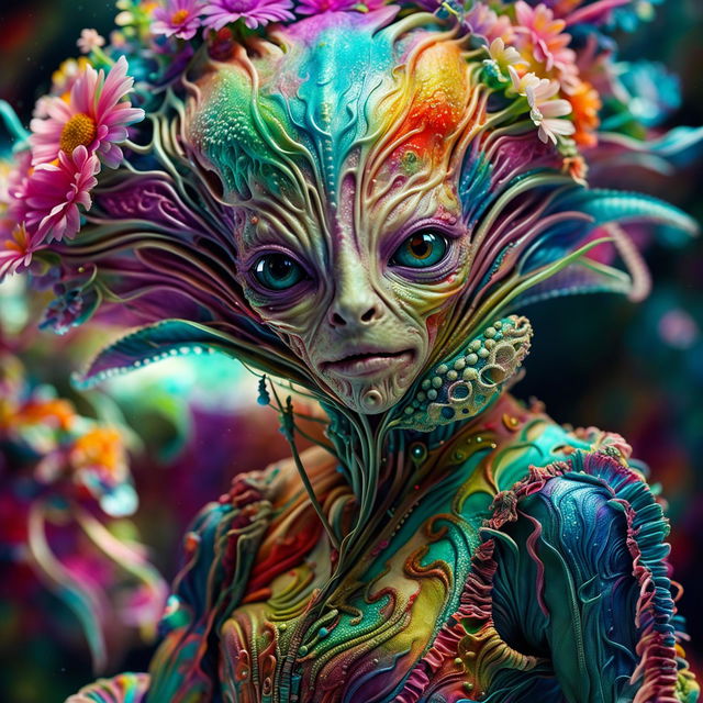 Hyper-realistic 3D photograph of an intelligent alien in Rococo style attire adorned with vibrant flowers, captured in a close-up shot with high-definition quality.