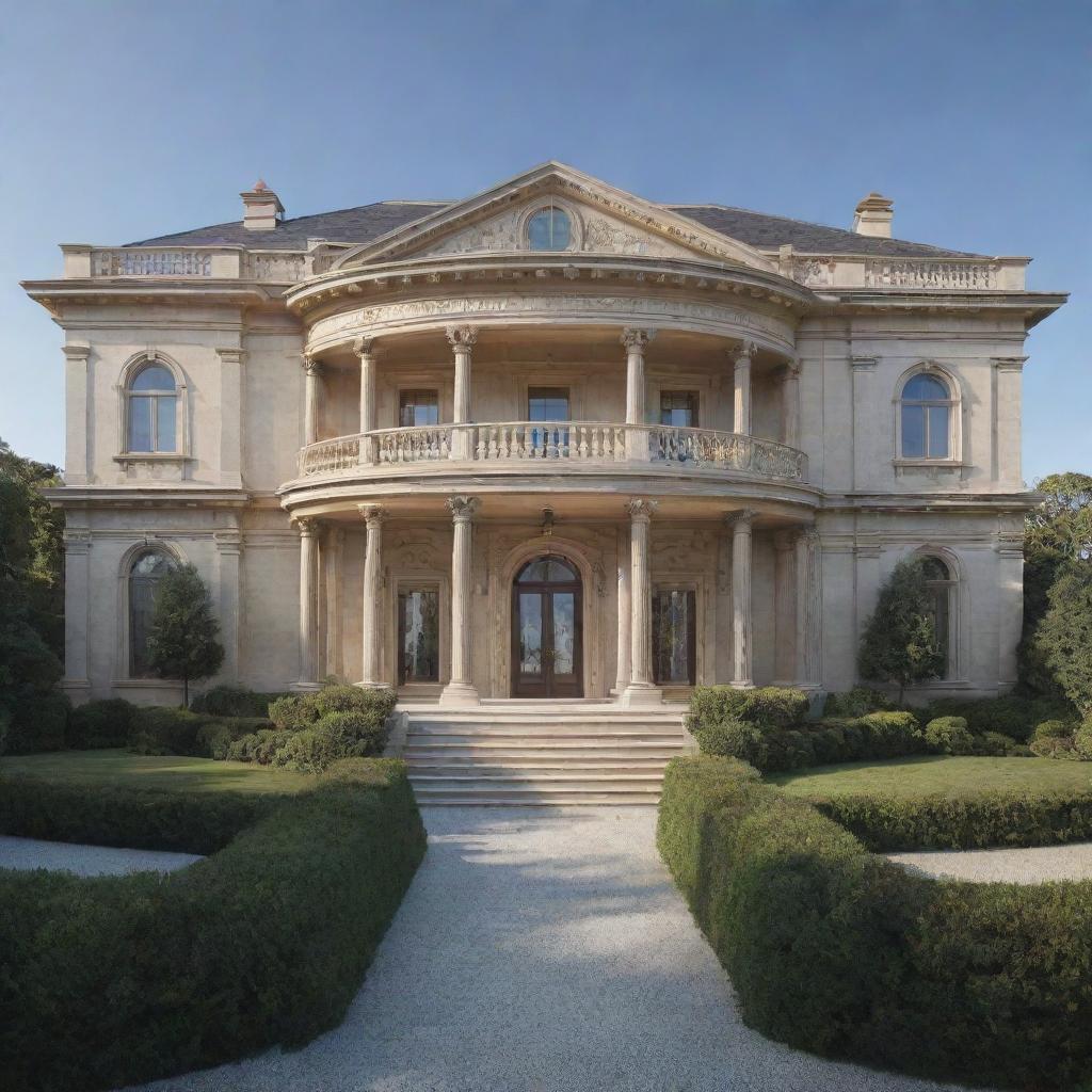 Generate an image of an architecturally stunning mansion, imagined as the largest house in the world.