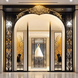 Design storefront for 'Bridal Elegance Boutique', 11 meters wide, 1.9 meters long, featuring white, black, gold colors and elegant forged iron details. Bright yellow lighting accentuates an intricate wedding dress design on the store sign.