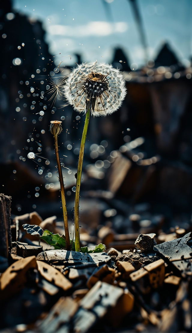 Ultra-close up 32k photograph of a single dandelion thriving in a derelict wasteland, with perfect composition and immaculate backlighting.