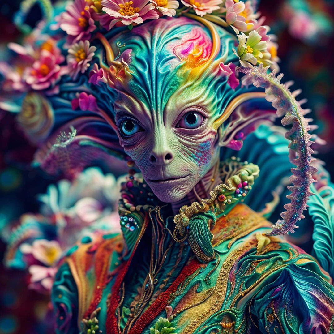 A hyper-realistic 3D photograph of an intelligent alien in Rococo attire adorned with vibrant flowers, captured in a close-up shot with high-definition quality.