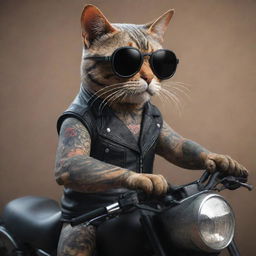 3D art of a tattooed cat motorcyclist wearing dark sunglasses