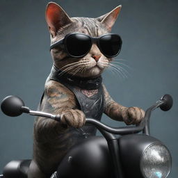 3D art of a tattooed cat motorcyclist wearing dark sunglasses