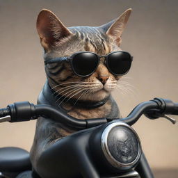 3D art of a tattooed cat motorcyclist wearing dark sunglasses