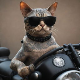 3D art of a tattooed cat motorcyclist wearing dark sunglasses