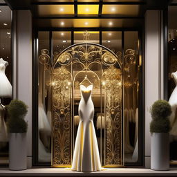 Design storefront for 'Bridal Elegance Boutique', 11 meters wide, 1.9 meters long, featuring white, black, gold colors and elegant forged iron details. Bright yellow lighting accentuates an intricate wedding dress design on the store sign.