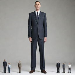 A detailed portrayal of the world's tallest man, in full height, compared to normal everyday objects for scale.