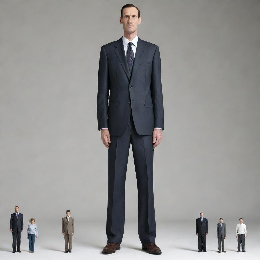 A detailed portrayal of the world's tallest man, in full height, compared to normal everyday objects for scale.