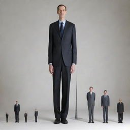 A detailed portrayal of the world's tallest man, in full height, compared to normal everyday objects for scale.