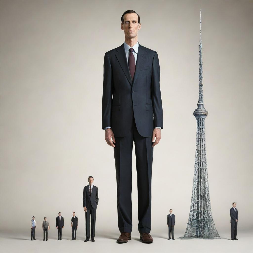 A detailed portrayal of the world's tallest man, in full height, compared to normal everyday objects for scale.