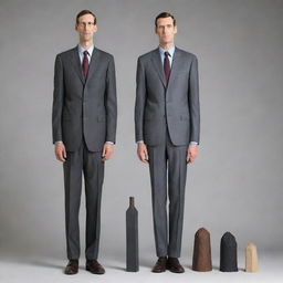 A detailed portrayal of the world's tallest man, in full height, compared to normal everyday objects for scale.