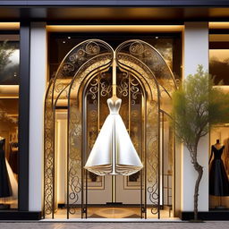 Design storefront for 'Bridal Elegance Boutique', 11 meters wide, 1.9 meters long, featuring white, black, gold colors and elegant forged iron details. Bright yellow lighting accentuates an intricate wedding dress design on the store sign.