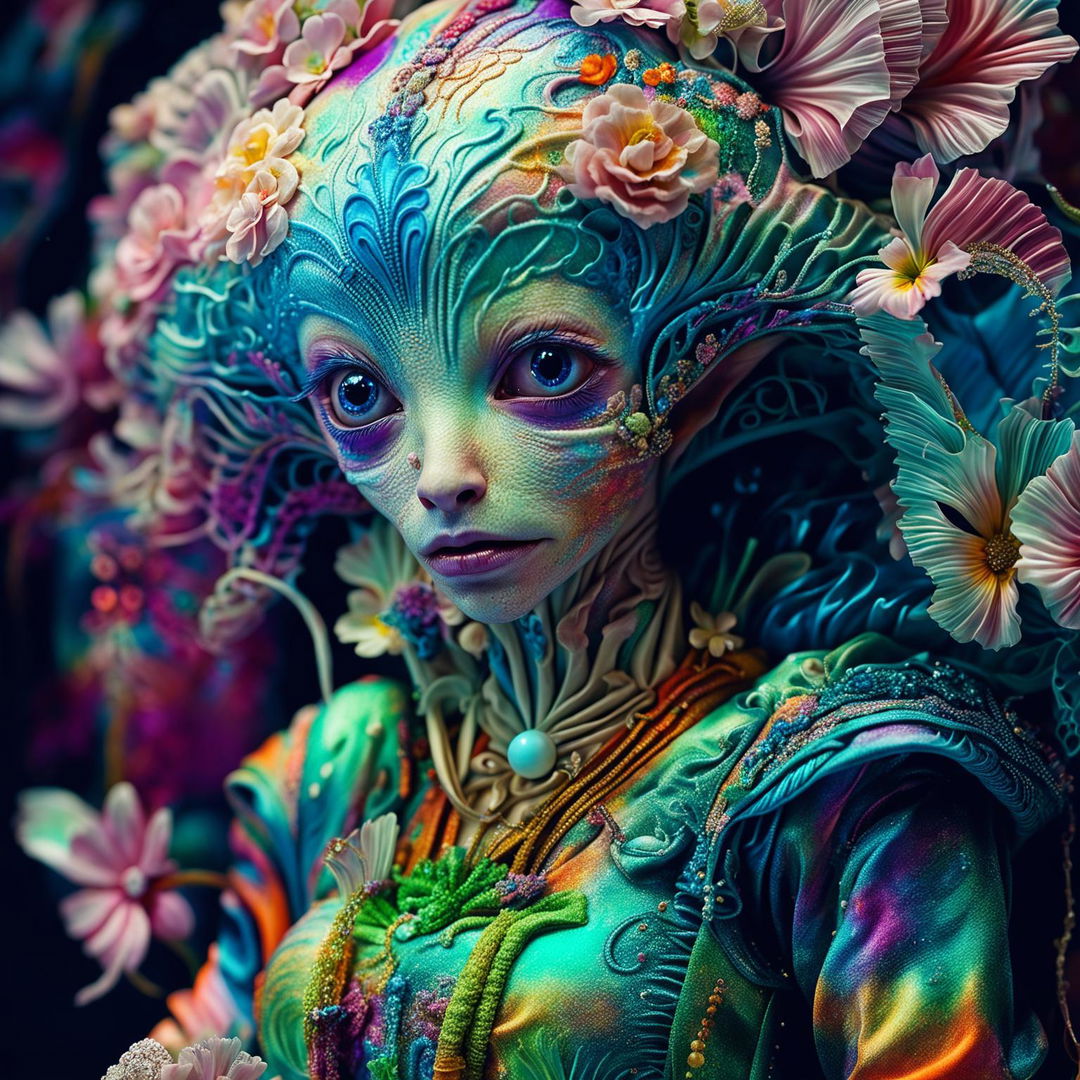 Hyper-realistic 3D photograph of an intelligent alien in Rococo attire adorned with vibrant flowers, captured in a close-up shot with high-definition quality.