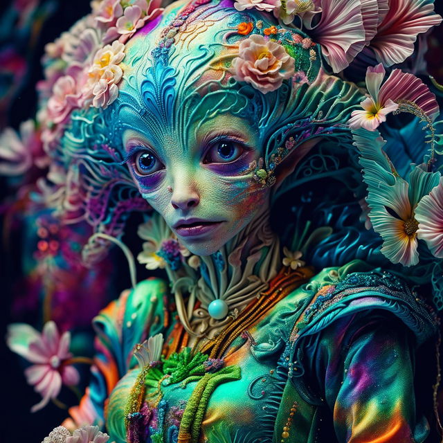 Hyper-realistic 3D photograph of an intelligent alien in Rococo attire adorned with vibrant flowers, captured in a close-up shot with high-definition quality.