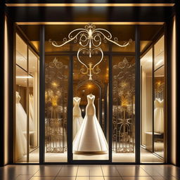 Design storefront for 'Bridal Elegance Boutique', 11 meters wide, 1.9 meters long, featuring white, black, gold colors and elegant forged iron details. Bright yellow lighting accentuates an intricate wedding dress design on the store sign.