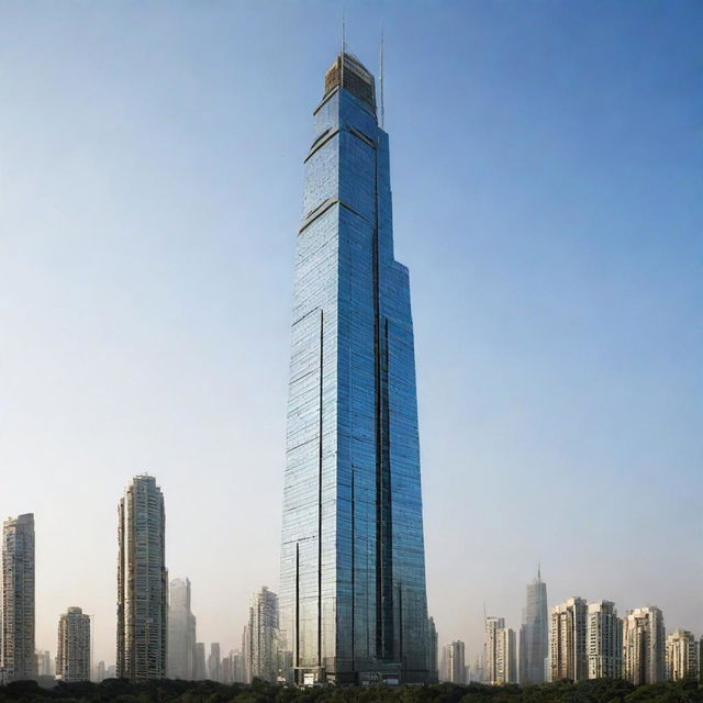 Create a towering skyscraper that surpasses all existing buildings in height with the name 'Subhan' prominently displayed on it.