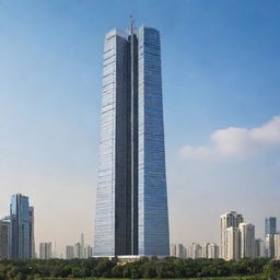 Create a towering skyscraper that surpasses all existing buildings in height with the name 'Subhan' prominently displayed on it.