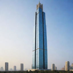 Create a towering skyscraper that surpasses all existing buildings in height with the name 'Subhan' prominently displayed on it.