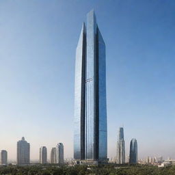 Create a towering skyscraper that surpasses all existing buildings in height with the name 'Subhan' prominently displayed on it.