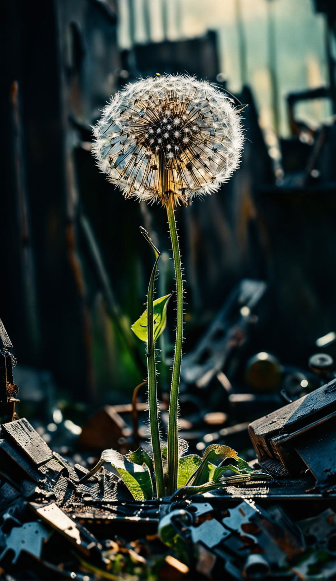 Ultra-high resolution photograph of an intricately beautiful dandelion thriving in a dystopian future wasteland, with superior composition and lighting.